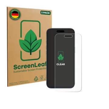 Vorderseite einer Produktverpackung mit dem Markenlogo ScreenLeaf. Daneben ist das Gerät Apple iPhone Air mit dem zugehörigen 