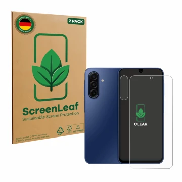 Vorderseite einer Produktverpackung mit dem Markenlogo ScreenLeaf. Daneben ist das Gerät Samsung Galaxy A17 5G (Display+Kamera