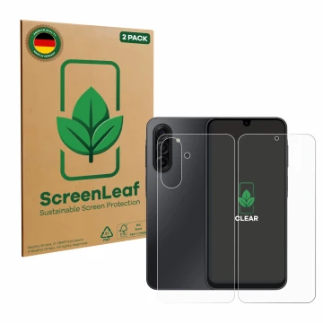 Vorderseite einer Produktverpackung mit dem Markenlogo ScreenLeaf. Daneben ist das Gerät Samsung Galaxy A17 5G (Display+Rückse
