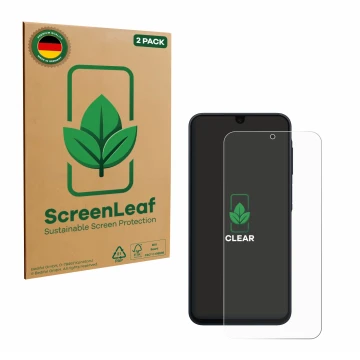 Vorderseite einer Produktverpackung mit dem Markenlogo ScreenLeaf. Daneben ist das Gerät Samsung Galaxy A17 4G mit dem zugehör