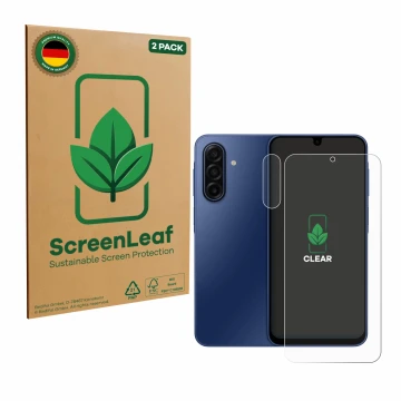 Vorderseite einer Produktverpackung mit dem Markenlogo ScreenLeaf. Daneben ist das Gerät Samsung Galaxy A17 4G (Display+Kamera