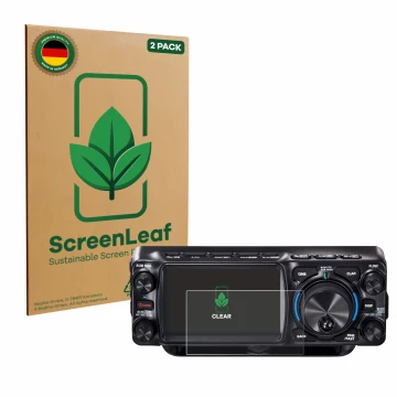 Vorderseite einer Produktverpackung mit dem Markenlogo ScreenLeaf. Daneben ist das Gerät Yaesu FTX-1 mit dem zugehörigen Displ
