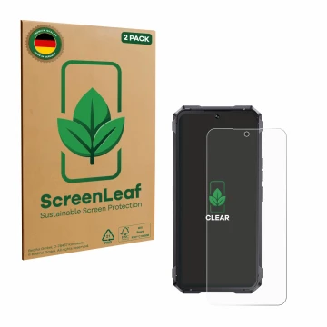 Vorderseite einer Produktverpackung mit dem Markenlogo ScreenLeaf. Daneben ist das Gerät Cubot King Kong 11 mit dem zugehörige
