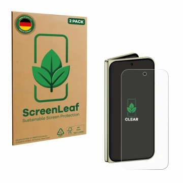 Vorderseite einer Produktverpackung mit dem Markenlogo ScreenLeaf. Daneben ist das Gerät Google Pixel 10 Pro Fold mit dem zuge