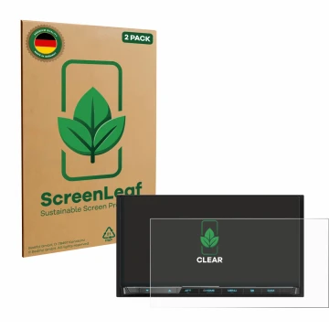 Vorderseite einer Produktverpackung mit dem Markenlogo ScreenLeaf. Daneben ist das Gerät Kenwood DMX8021DABS mit dem zugehörig