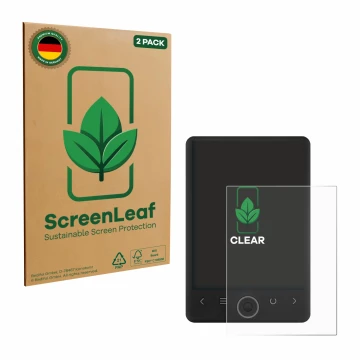 Vorderseite einer Produktverpackung mit dem Markenlogo ScreenLeaf. Daneben ist das Gerät SPC Light 2 mit dem zugehörigen Displ