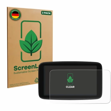 Vorderseite einer Produktverpackung mit dem Markenlogo ScreenLeaf. Daneben ist das Gerät TomTom GO Classic 6