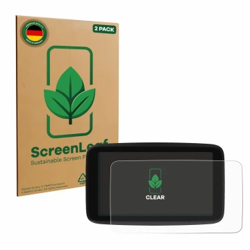 Vorderseite einer Produktverpackung mit dem Markenlogo ScreenLeaf. Daneben ist das Gerät TomTom GO Classic 5