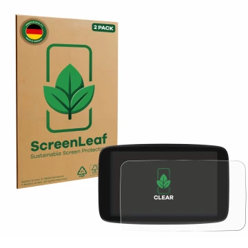 Vorderseite einer Produktverpackung mit dem Markenlogo ScreenLeaf. Daneben ist das Gerät TomTom Go Navigator 7 (2. Generation)