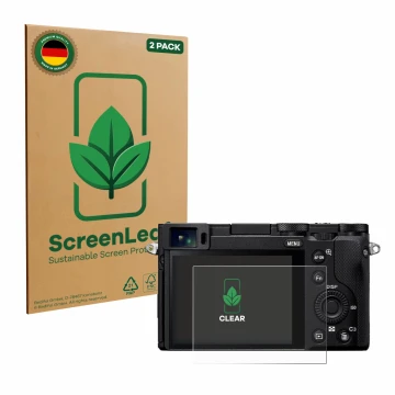 Vorderseite einer Produktverpackung mit dem Markenlogo ScreenLeaf. Daneben ist das Gerät Sony RX1R III mit dem zugehörigen Dis