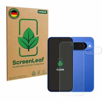 Vorderseite einer Produktverpackung mit dem Markenlogo ScreenLeaf. Daneben ist das Gerät Google Pixel 10 (Display+Kamera) mit 
