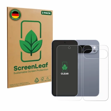 Vorderseite einer Produktverpackung mit dem Markenlogo ScreenLeaf. Daneben ist das Gerät Google Pixel 10 Pro (Display+Rückseit