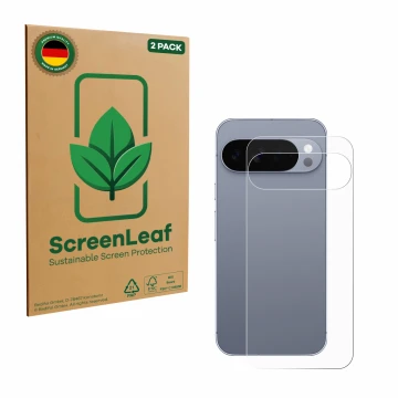 Vorderseite einer Produktverpackung mit dem Markenlogo ScreenLeaf. Daneben ist das Gerät Google Pixel 10 Pro XL (Rückseite) mi