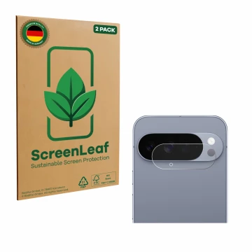 Vorderseite einer Produktverpackung mit dem Markenlogo ScreenLeaf. Daneben ist das Gerät Google Pixel 10 Pro XL (NUR Kamerasch