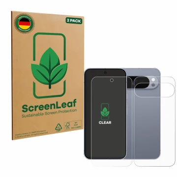 Vorderseite einer Produktverpackung mit dem Markenlogo ScreenLeaf. Daneben ist das Gerät Google Pixel 10 Pro XL (Display+Rücks