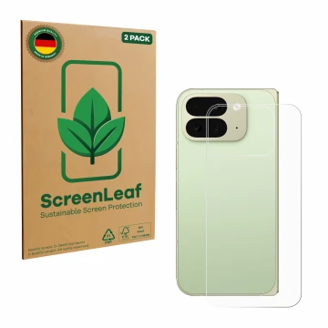 Vorderseite einer Produktverpackung mit dem Markenlogo ScreenLeaf. Daneben ist das Gerät Google Pixel 10 Pro Fold (Rückseite) 