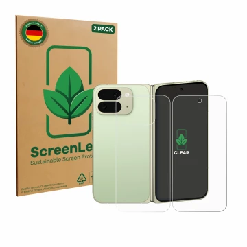 Vorderseite einer Produktverpackung mit dem Markenlogo ScreenLeaf. Daneben ist das Gerät Google Pixel 10 Pro Fold (Display+Rüc