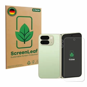Vorderseite einer Produktverpackung mit dem Markenlogo ScreenLeaf. Daneben ist das Gerät Google Pixel 10 Pro Fold (Display+Kam