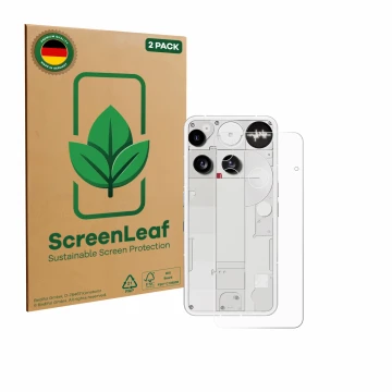 Vorderseite einer Produktverpackung mit dem Markenlogo ScreenLeaf. Daneben ist das Gerät Nothing Phone (3) (Rückseite) mit dem