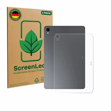 Vorderseite einer Produktverpackung mit dem Markenlogo ScreenLeaf. Daneben ist das Gerät Samsung Galaxy Tab S11 (Rückseite) mi