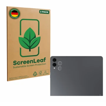 Vorderseite einer Produktverpackung mit dem Markenlogo ScreenLeaf. Daneben ist das Gerät Samsung Galaxy Tab S11 Ultra (NUR Kam