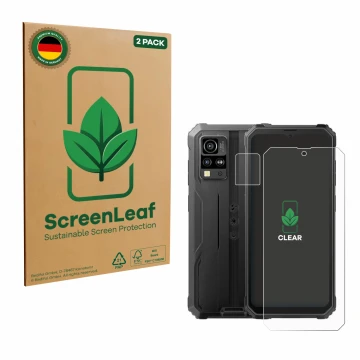 Vorderseite einer Produktverpackung mit dem Markenlogo ScreenLeaf. Daneben ist das Gerät Blackview BV4800 (Display+Kamera) mit