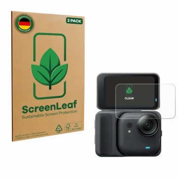 Vorderseite einer Produktverpackung mit dem Markenlogo ScreenLeaf. Daneben ist das Gerät Insta360 Go Ultra mit dem zugehörigen