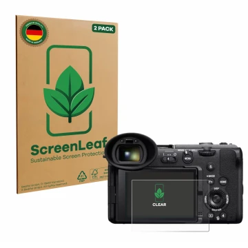 Vorderseite einer Produktverpackung mit dem Markenlogo ScreenLeaf. Daneben ist das Gerät Sony Cinema Line FX2 mit dem zugehöri