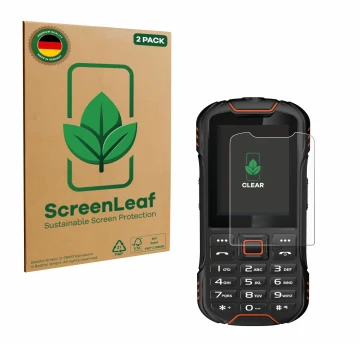 Vorderseite einer Produktverpackung mit dem Markenlogo ScreenLeaf. Daneben ist das Gerät Gigaset GLX8 mit dem zugehörigen Disp