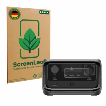 Vorderseite einer Produktverpackung mit dem Markenlogo ScreenLeaf. Daneben ist das Gerät EcoFlow River 3 Plus mit dem zugehöri