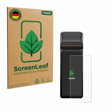 Vorderseite einer Produktverpackung mit dem Markenlogo ScreenLeaf. Daneben ist das Gerät Sunmi V3H mit dem zugehörigen Display