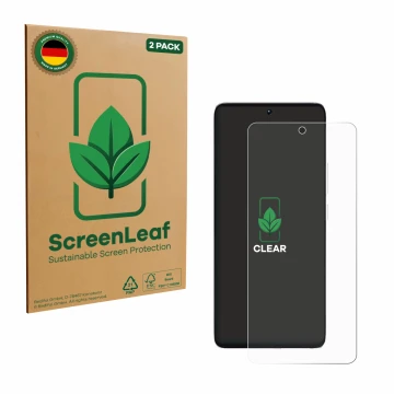 Vorderseite einer Produktverpackung mit dem Markenlogo ScreenLeaf. Daneben ist das Gerät Xiaomi Poco M7 Pro 4G mit dem zugehör