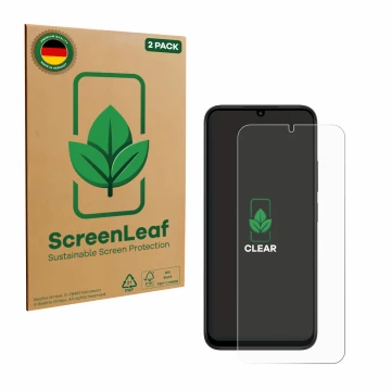 Vorderseite einer Produktverpackung mit dem Markenlogo ScreenLeaf. Daneben ist das Gerät Xiaomi Redmi 15C mit dem zugehörigen 