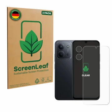 Vorderseite einer Produktverpackung mit dem Markenlogo ScreenLeaf. Daneben ist das Gerät Xiaomi Redmi 15C (Display+Kamera) mit