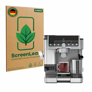 Vorderseite einer Produktverpackung mit dem Markenlogo ScreenLeaf. Daneben ist das Gerät Ninja Luxe Cafe Pro ES701EU mit dem z