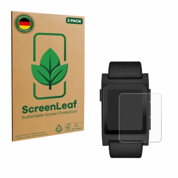 Vorderseite einer Produktverpackung mit dem Markenlogo ScreenLeaf. Daneben ist das Gerät Pebble 2 Duo 2025 mit dem zugehörigen