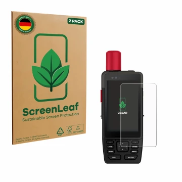 Vorderseite einer Produktverpackung mit dem Markenlogo ScreenLeaf. Daneben ist das Gerät Garmin GPSMAP H1i Plus mit dem zugehö