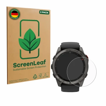 Vorderseite einer Produktverpackung mit dem Markenlogo ScreenLeaf. Daneben ist das Gerät Garmin Fenix 8 Pro AMOLED (51 mm) mit