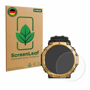 Vorderseite einer Produktverpackung mit dem Markenlogo ScreenLeaf. Daneben ist das Gerät Huami Amazfit T-Rex 3 Pro (48 mm) mit