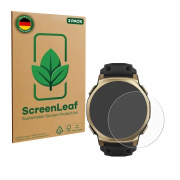 Vorderseite einer Produktverpackung mit dem Markenlogo ScreenLeaf. Daneben ist das Gerät Huami Amazfit T-Rex 3 Pro (44 mm) mit