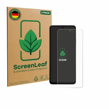 Vorderseite einer Produktverpackung mit dem Markenlogo ScreenLeaf. Daneben ist das Gerät Motorola Moto G06 mit dem zugehörigen