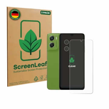 Vorderseite einer Produktverpackung mit dem Markenlogo ScreenLeaf. Daneben ist das Gerät Motorola Moto G06 Power (Display+Kame