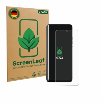 Vorderseite einer Produktverpackung mit dem Markenlogo ScreenLeaf. Daneben ist das Gerät Motorola Moto G06 Power mit dem zugeh