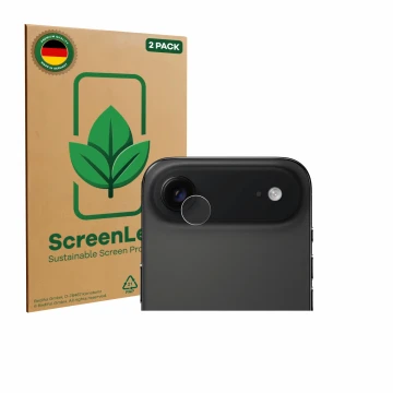 Vorderseite einer Produktverpackung mit dem Markenlogo ScreenLeaf. Daneben ist das Gerät Apple iPhone Air (NUR Kameraschutz) m
