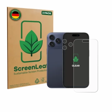 Vorderseite einer Produktverpackung mit dem Markenlogo ScreenLeaf. Daneben ist das Gerät Apple iPhone 17 Pro Max (Display+Kame