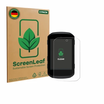 Vorderseite einer Produktverpackung mit dem Markenlogo ScreenLeaf. Daneben ist das Gerät Garmin Edge 850 mit dem zugehörigen D