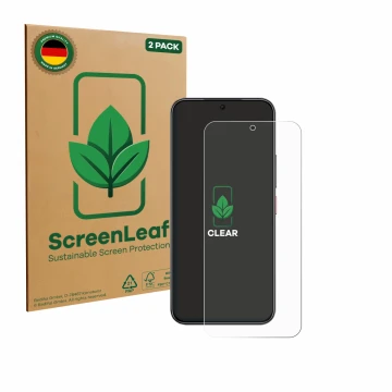 Vorderseite einer Produktverpackung mit dem Markenlogo ScreenLeaf. Daneben ist das Gerät Nubia Air mit dem zugehörigen Display