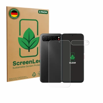Vorderseite einer Produktverpackung mit dem Markenlogo ScreenLeaf. Daneben ist das Gerät Nubia Air (Display+Kamera) mit dem zu
