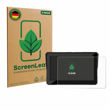 Vorderseite einer Produktverpackung mit dem Markenlogo ScreenLeaf. Daneben ist das Gerät Carpuride W502 Pro 5