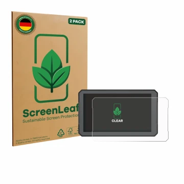 Vorderseite einer Produktverpackung mit dem Markenlogo ScreenLeaf. Daneben ist das Gerät BOUWOIMA Motorrad Carplay 7